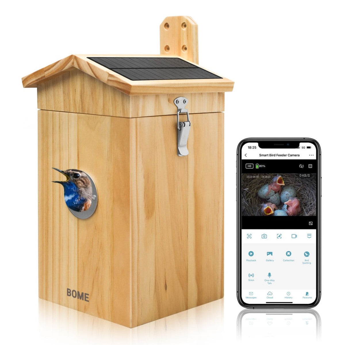 BOME Nestkast met Camera, houten nestkast van 21 x 20 x 32 cm met 1080p camera, twee zonnepanelen en invliegopening van 4 cm voor mussen en boomklevers