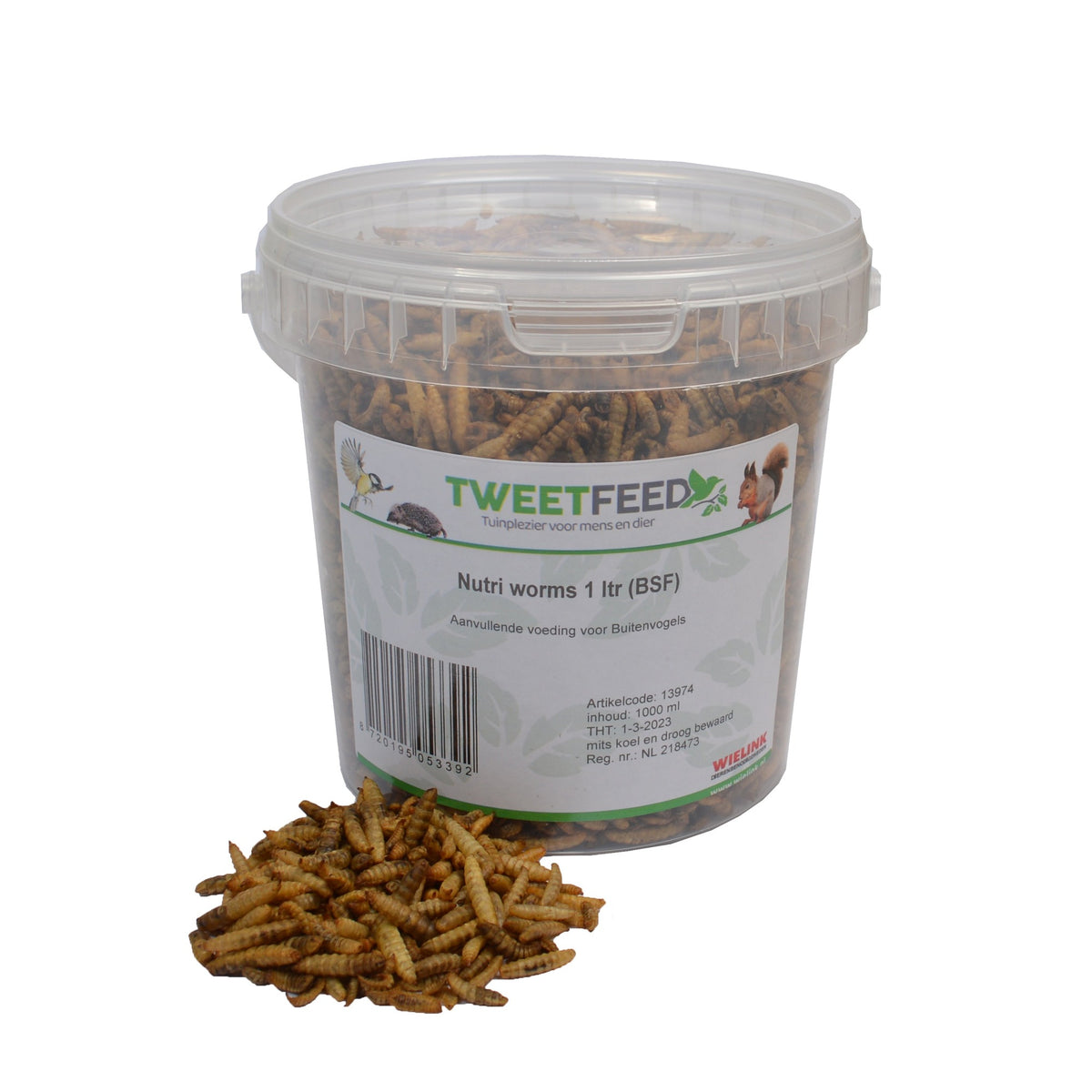 Verpakking Tweetfeed Nutri Worms 1 liter, gedroogde black soldier fly larven als insectenvoer voor tuinvogels