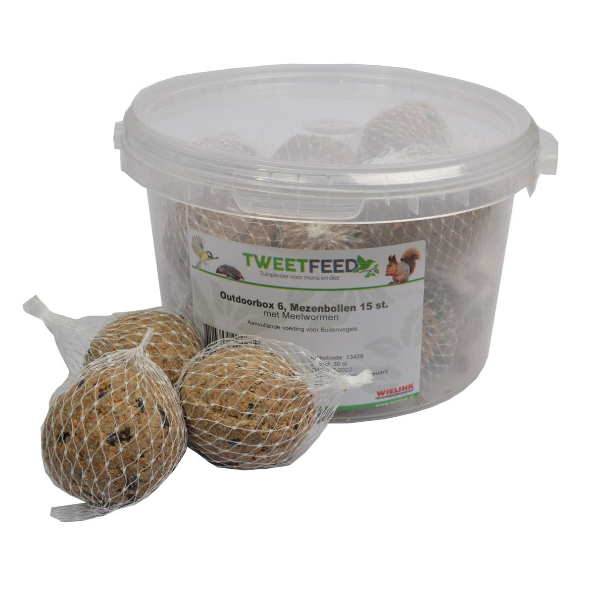 Tweetfeed Outdoorbox, emmer met 15 mezenbollen met gedroogde meelwormen, vetvoer voor tuinvogels
