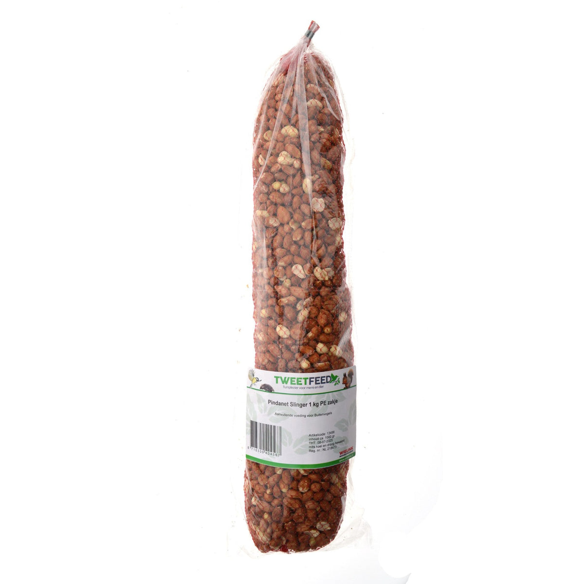 Tweetfeed Pindanetslinger XL in flowpack, pindaslinger van circa 80 cm en 1 kilo pinda's voor tuinvogels #Verpakking_flowpack