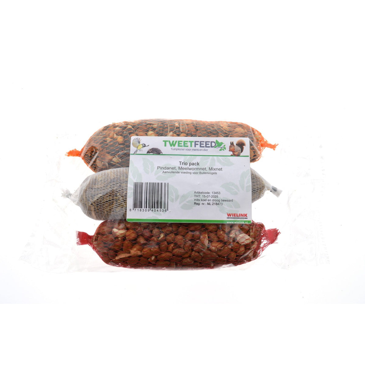 Tweetfeed Trio van drie voernetjes met pinda's, gedroogde meelwormen en zonnebloempitten, samen 365 gram, voor tuinvogels