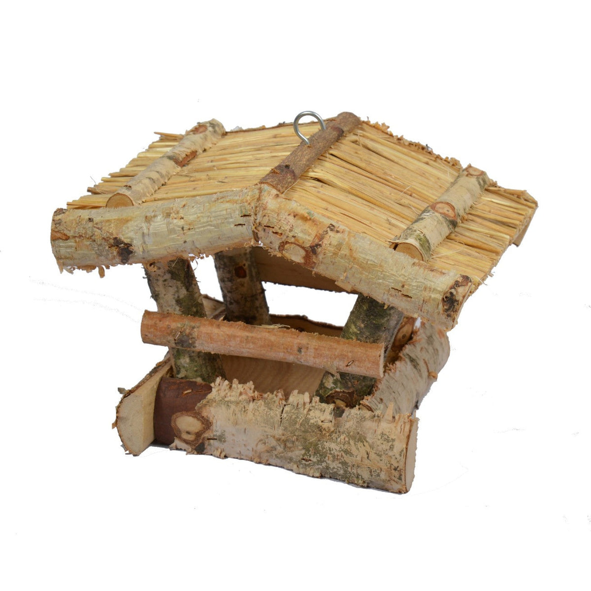 Tweetfeed Voederhuis Ann, vogelvoederhuis van berkenhout met rieten dak van 19 x 24 x 19 cm, hangend of staand, voor tuinvogels