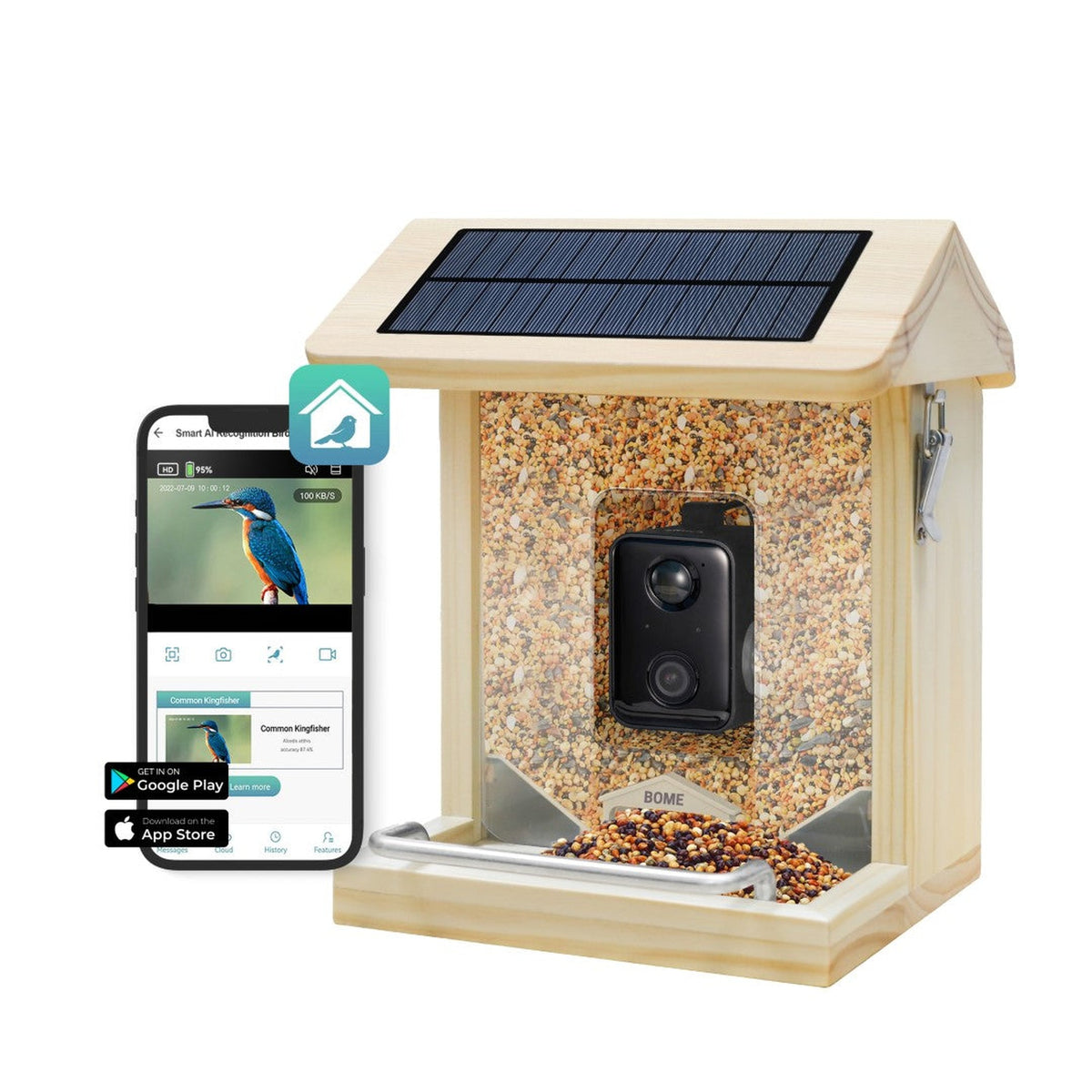 BOME Voederhuis Hout met Camera, houten vogelvoederhuis met 1080p camera en zonnepanelen van 23 x 19,5 x 27 cm voor tuinvogels