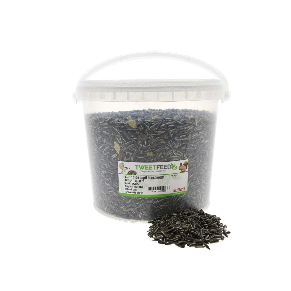 Emmer met hengsel Tweetfeed Zonnebloempitten Gestreept 2 kg, zonnepitten in de dop voor tuinvogels #Inhoud_2 kg